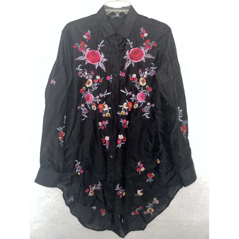 ZARA Woman Black Floral Embroidered Tunic Sz S Long Sleeve shirt Button up Boho